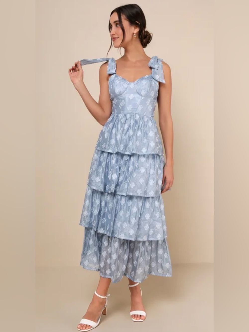 NWT Lulus Gorgeous Excellence Light Blue Floral Burnout Tiered Midi Dress